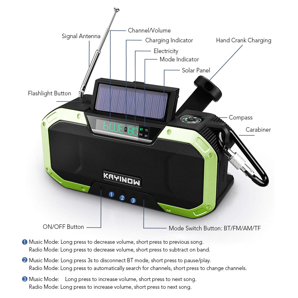 KAYINOW Portable 5000mAh Power Bank Solar Hand Crank Survival Radio