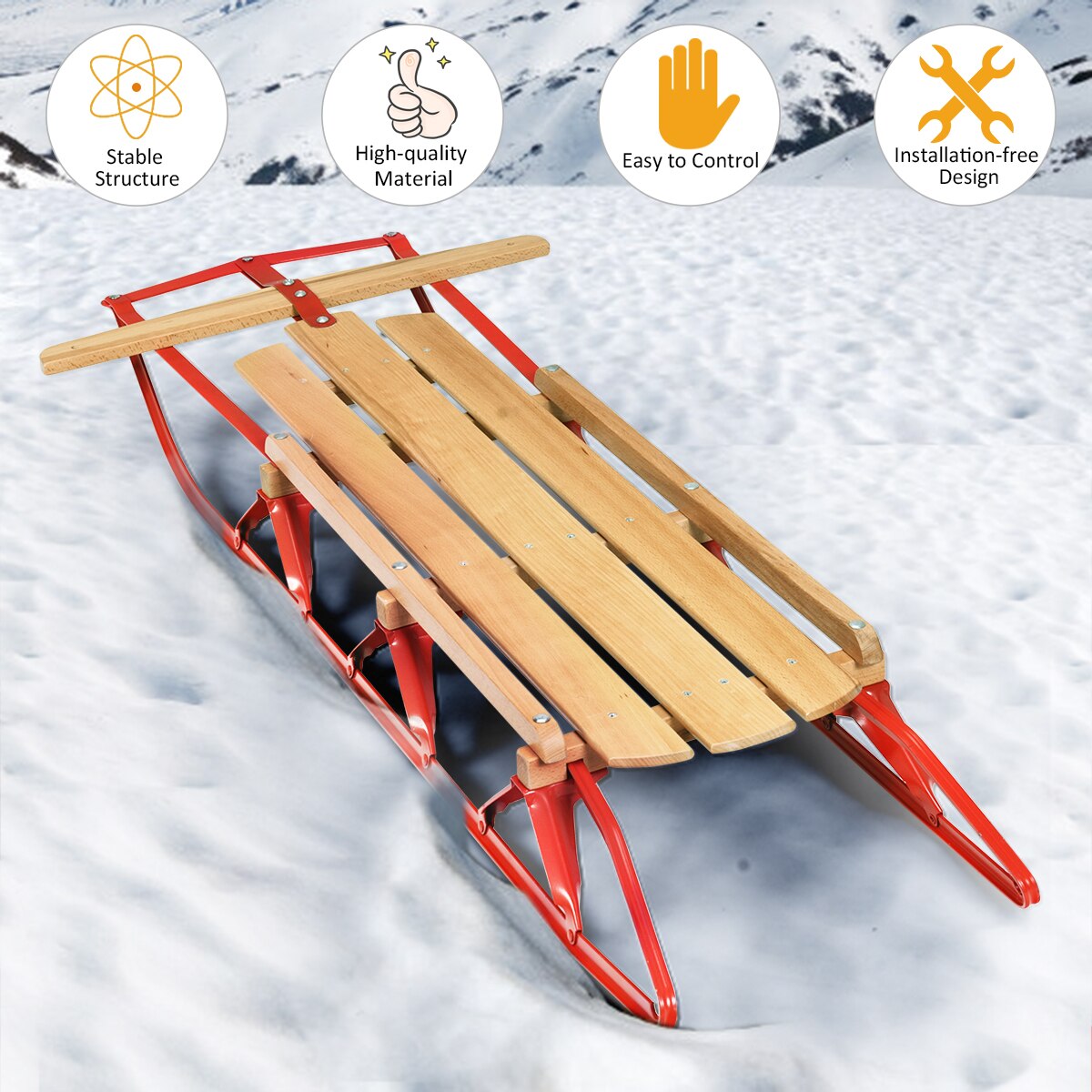 54” Wooden Snow Sled w/ Metal Runners & Steering Bar Steering Slider