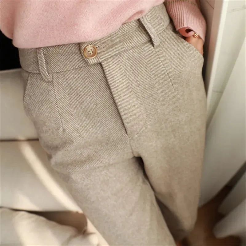 Women's Harem Pencil High Waisted Casual Suit Woolen Pants