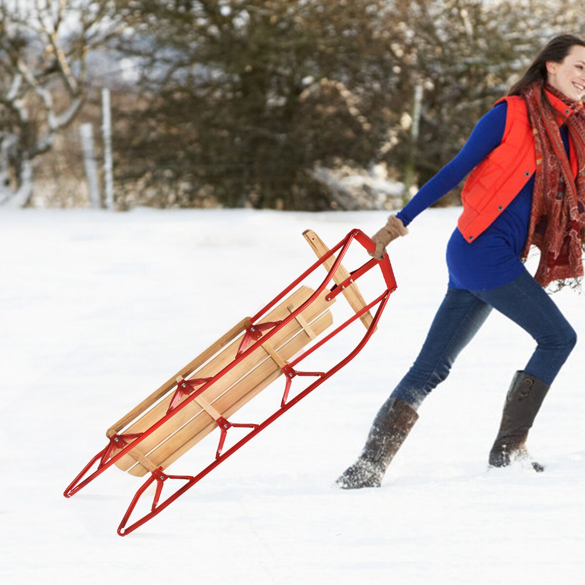 54” Wooden Snow Sled w/ Metal Runners & Steering Bar Steering Slider