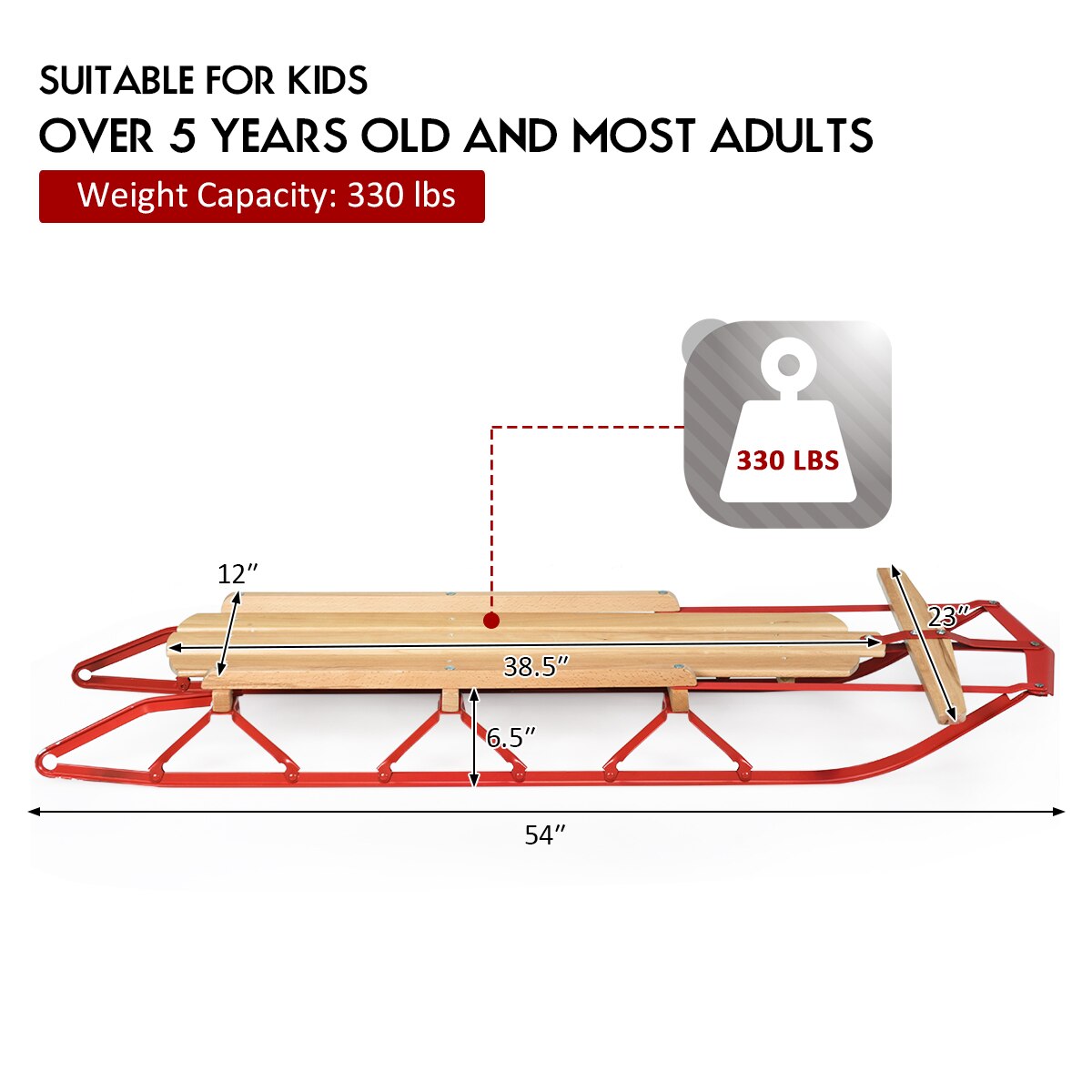 54” Wooden Snow Sled w/ Metal Runners & Steering Bar Steering Slider