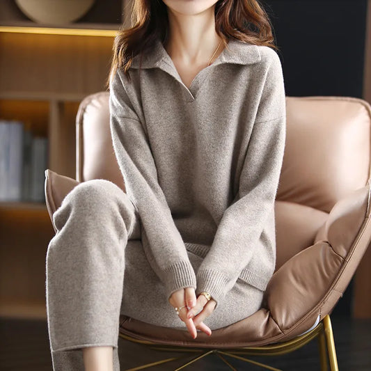 Women's 100% wide-leg Two-piece Cashmere Suit Knitted