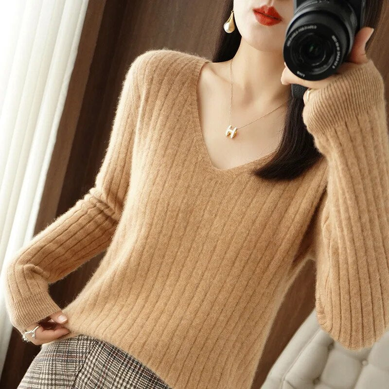 Casual Women Autumn Winter V--neck Knit Pullovers Sweater