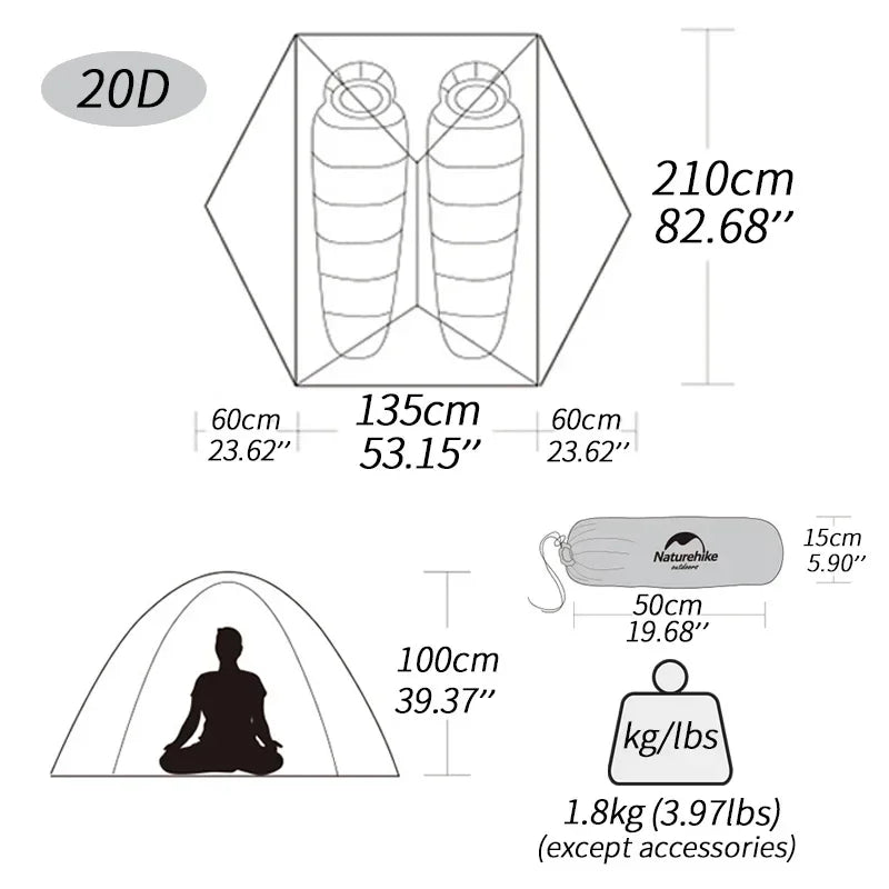 Naturehike 2 Person Backpackable Ultralight Anti Uv Waterproof Camping Tent