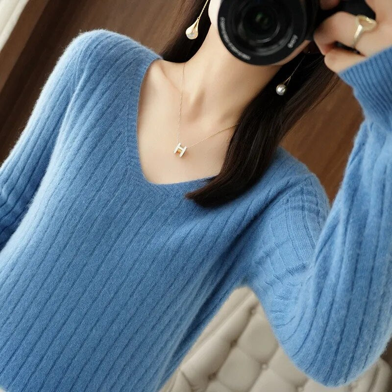 Casual Women Autumn Winter V--neck Knit Pullovers Sweater