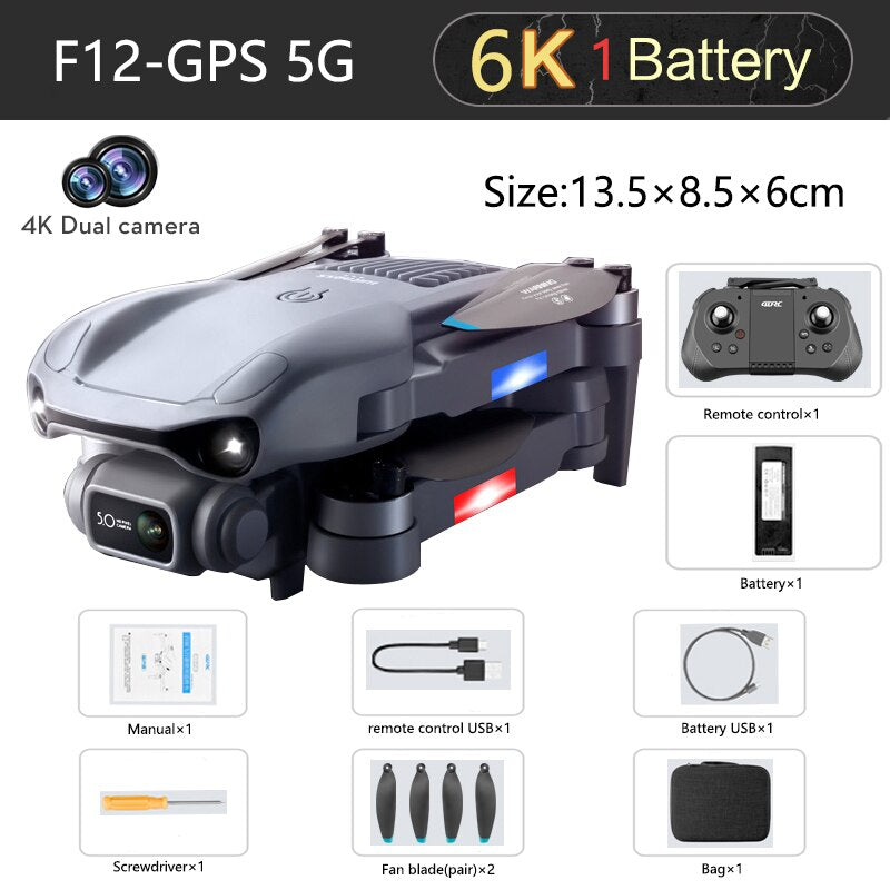 F12 4K 6K HD Dual Camera Wi-Fi FPV RC Brushless Foldable Quadcopter