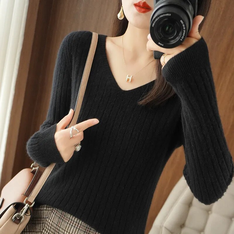 Casual Women Autumn Winter V--neck Knit Pullovers Sweater