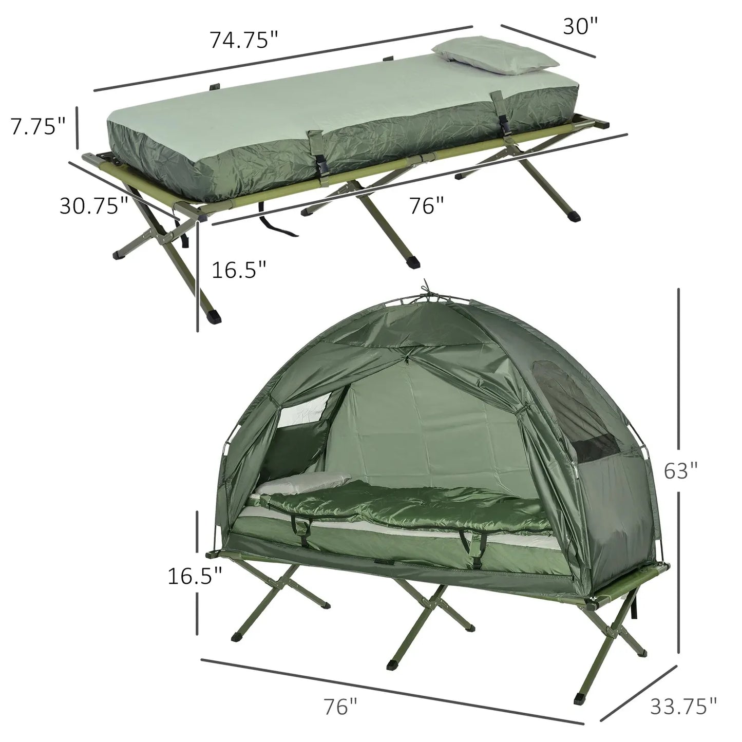 Outdoor 1-person Folding Tent Elevated Camping Cot w/Air Mattress and Sleeping Bag