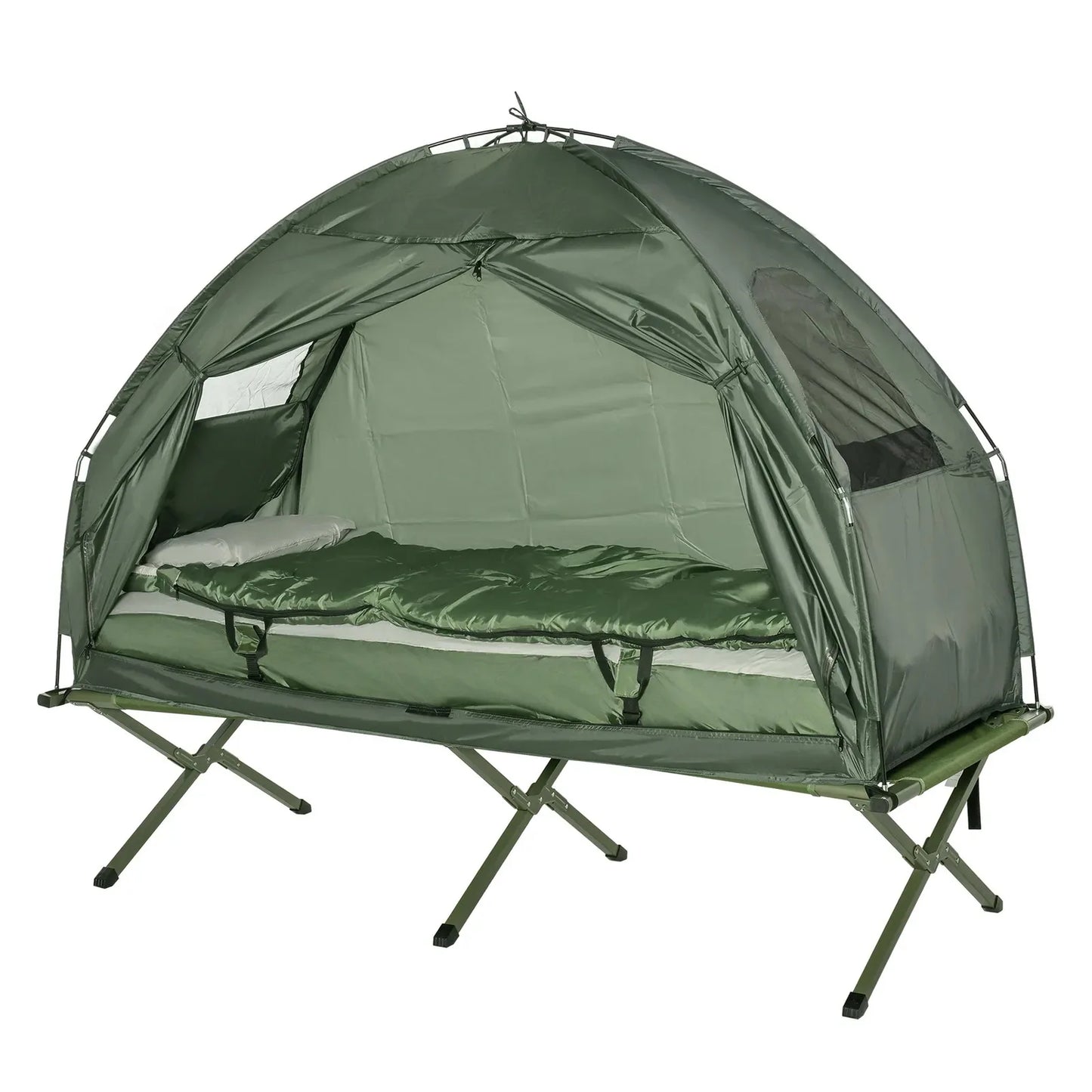 Outdoor 1-person Folding Tent Elevated Camping Cot w/Air Mattress and Sleeping Bag