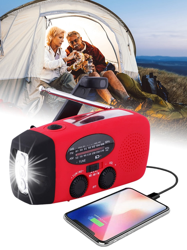 Multifunctional Emergency LED Flashlight Solar Hand Crank  FM AM WB NOAA Weather Radio