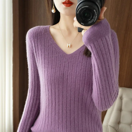 Casual Women Autumn Winter V--neck Knit Pullovers Sweater