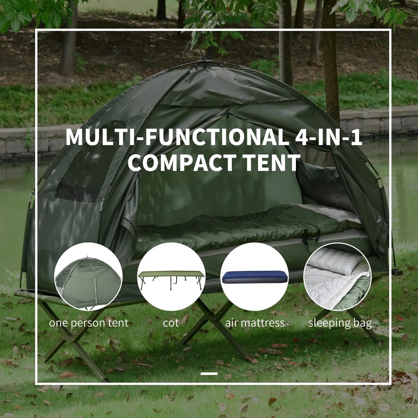 Outdoor 1-person Folding Tent Elevated Camping Cot w/Air Mattress and Sleeping Bag