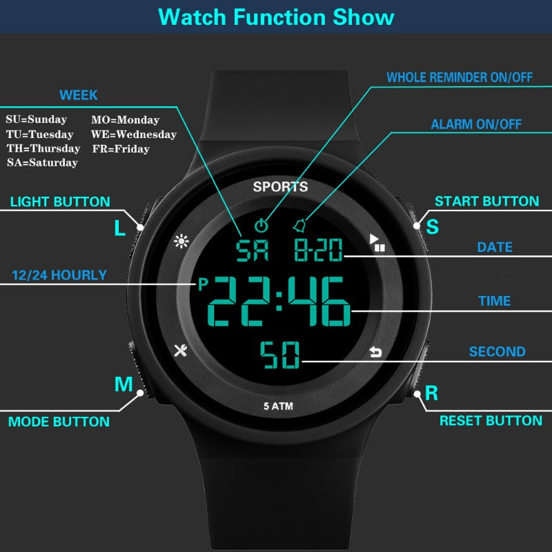 Men Women Kids Multifunction Military Digital 5ATM Waterproof Luminous LED Electronic Sports Watch - youroutdoorlivingshop