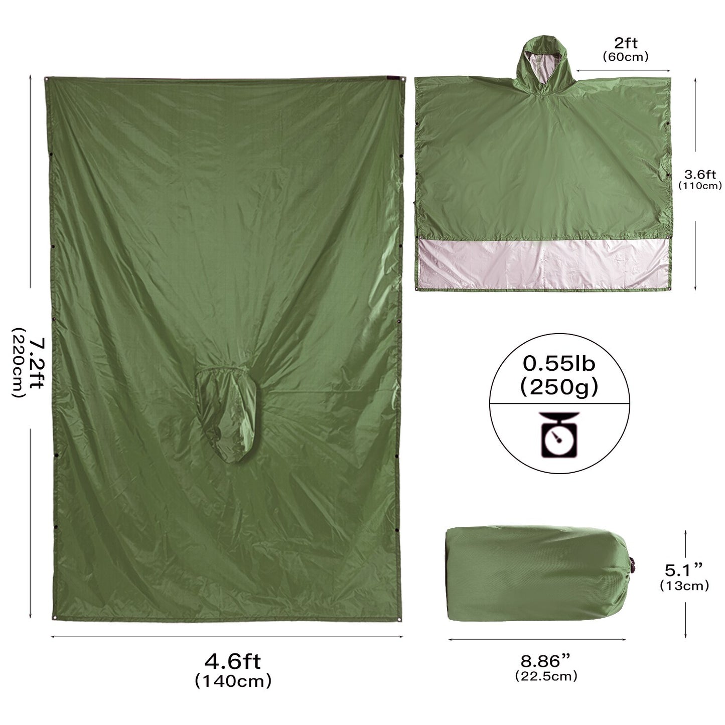 Packable Multifunctional 3 In 1 Hiking Camping Raincoat Poncho