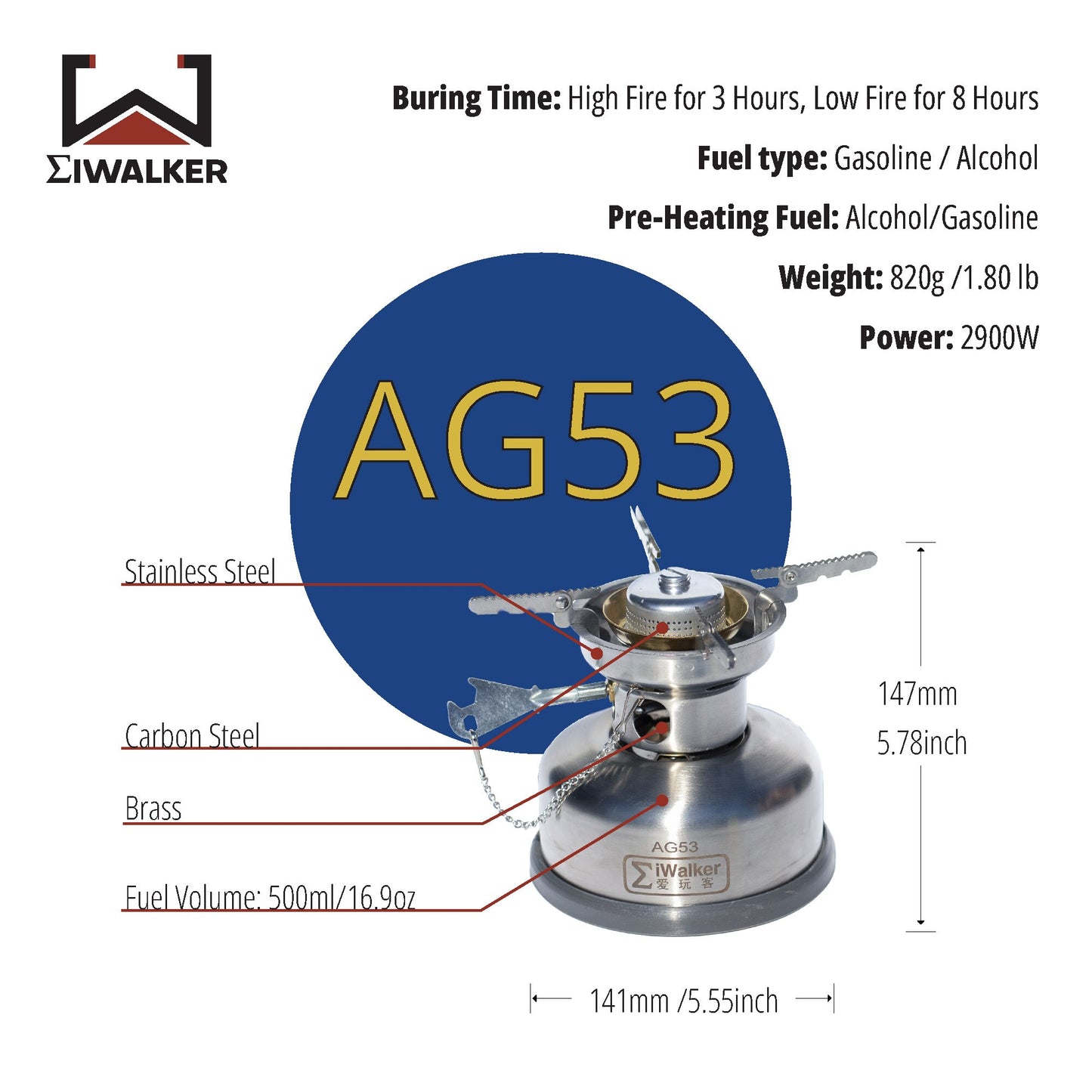 IWALKER AG53 Alcohol/Gasoline Dual Fuel Outdoor Camping Stove - youroutdoorlivingshop