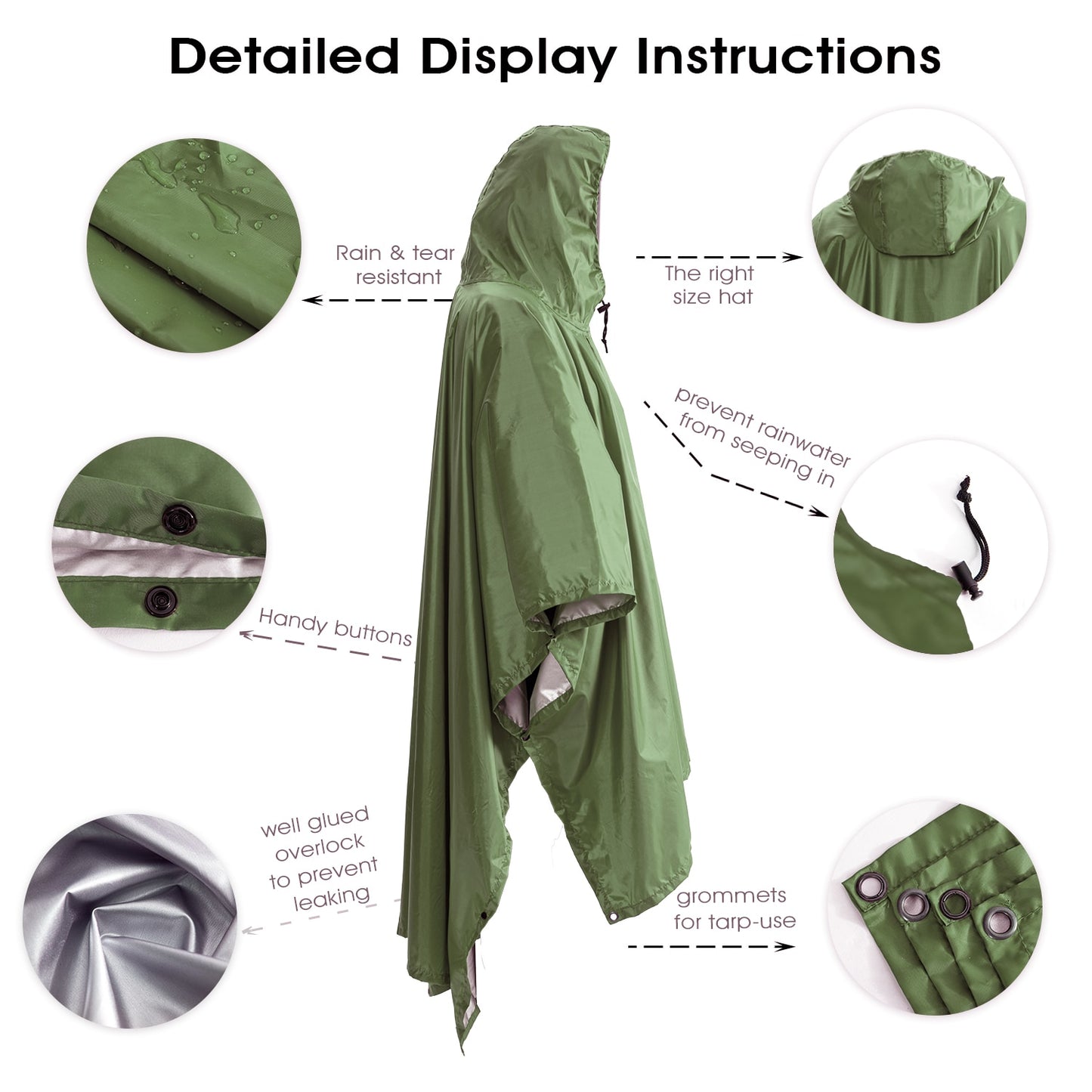 Packable Multifunctional 3 In 1 Hiking Camping Raincoat Poncho